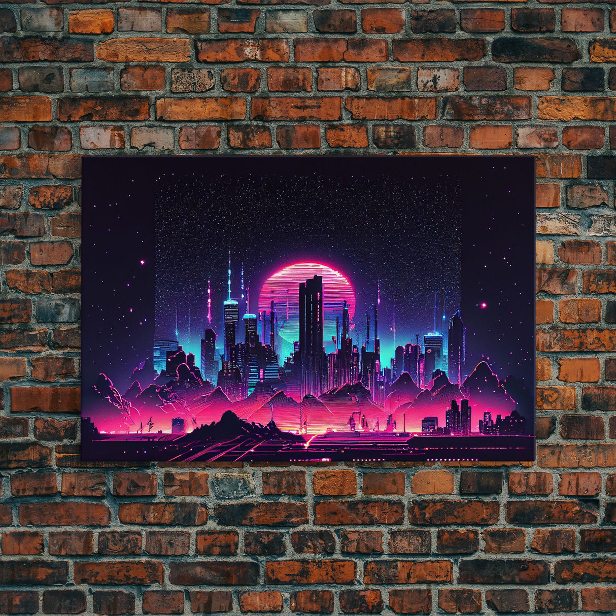 Cyberpunk city skyline superimposed over a sunset, synthwave style dystopian art, framed canvas print