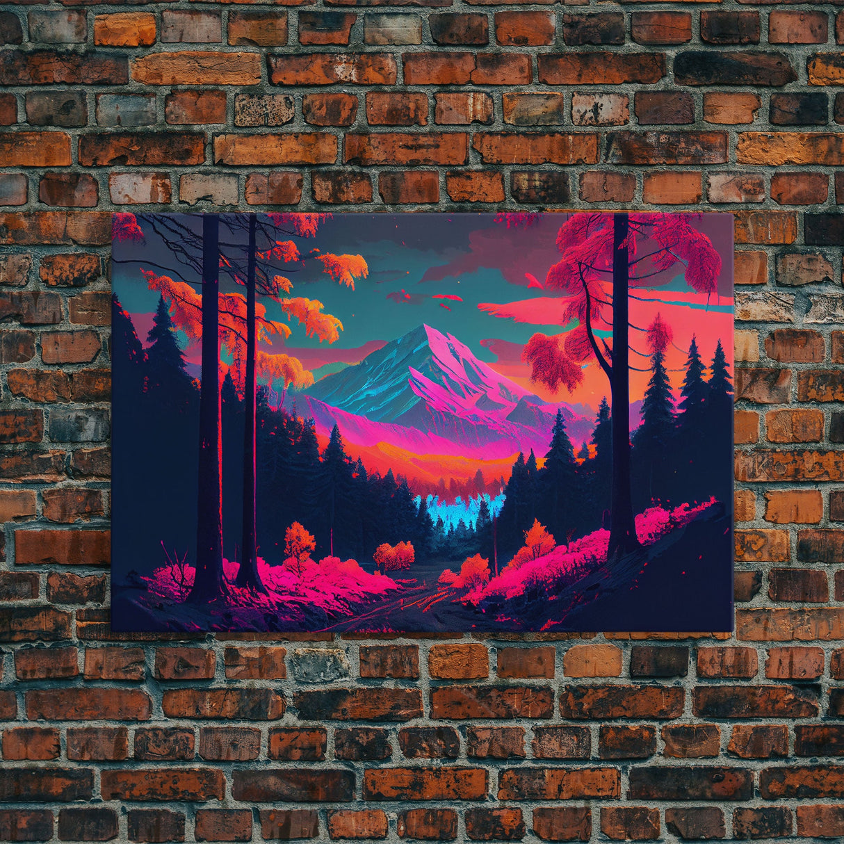 Synthwave style watercolor painting of a mountain and forest, framed canvas print, colorful wall art