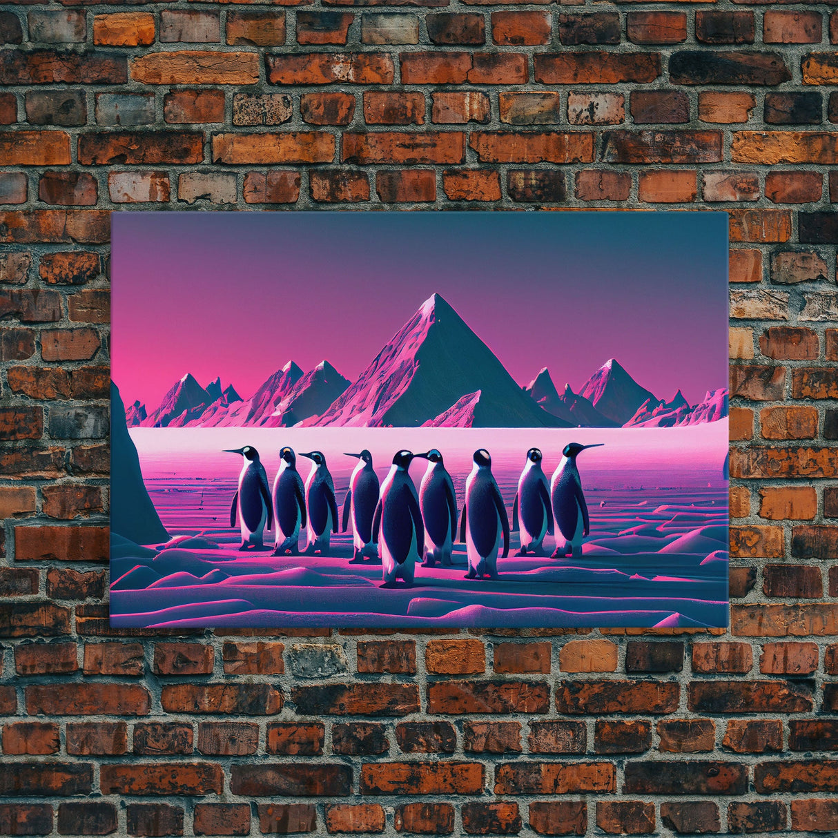 Penguins on the nice, cute animal prints, framed canvas print, synthwave / vaporwave art
