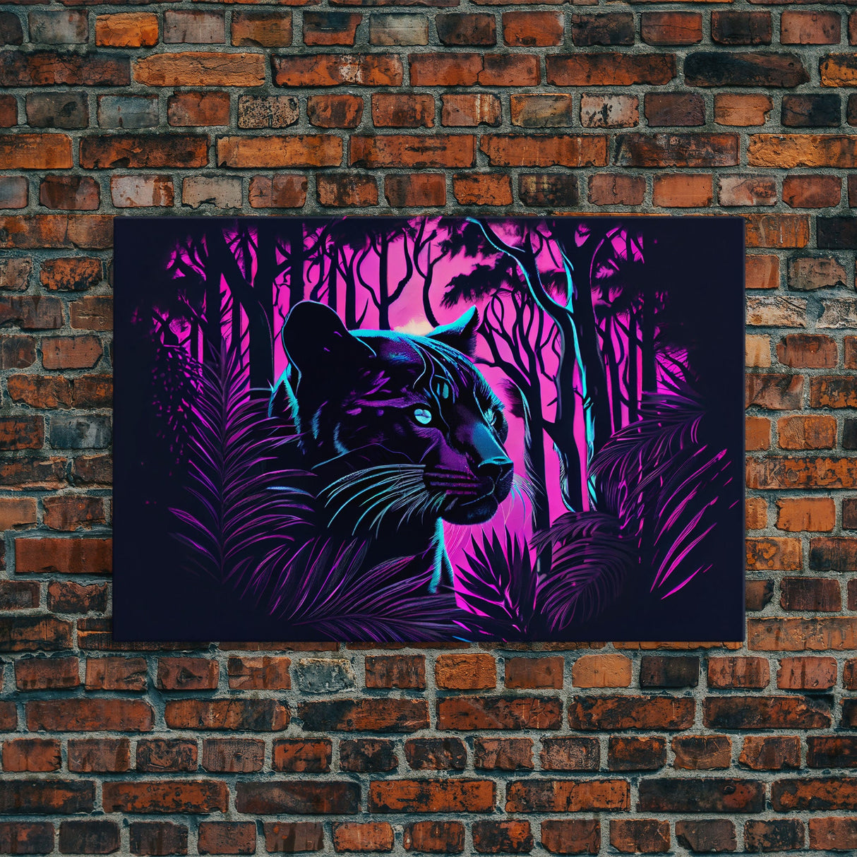 Vaporwave art, framed canvas print, Jungle Panther synthwave portrait