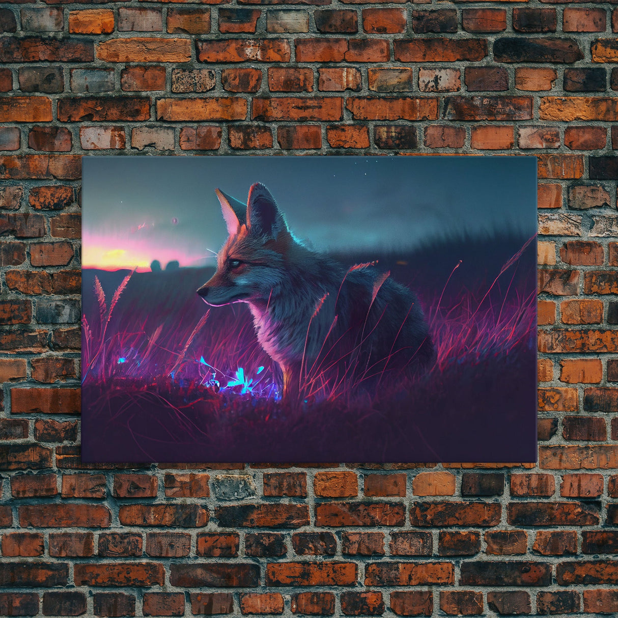 Cute animal prints, vaporwave fox hunting in the tall grass, framed canvas print