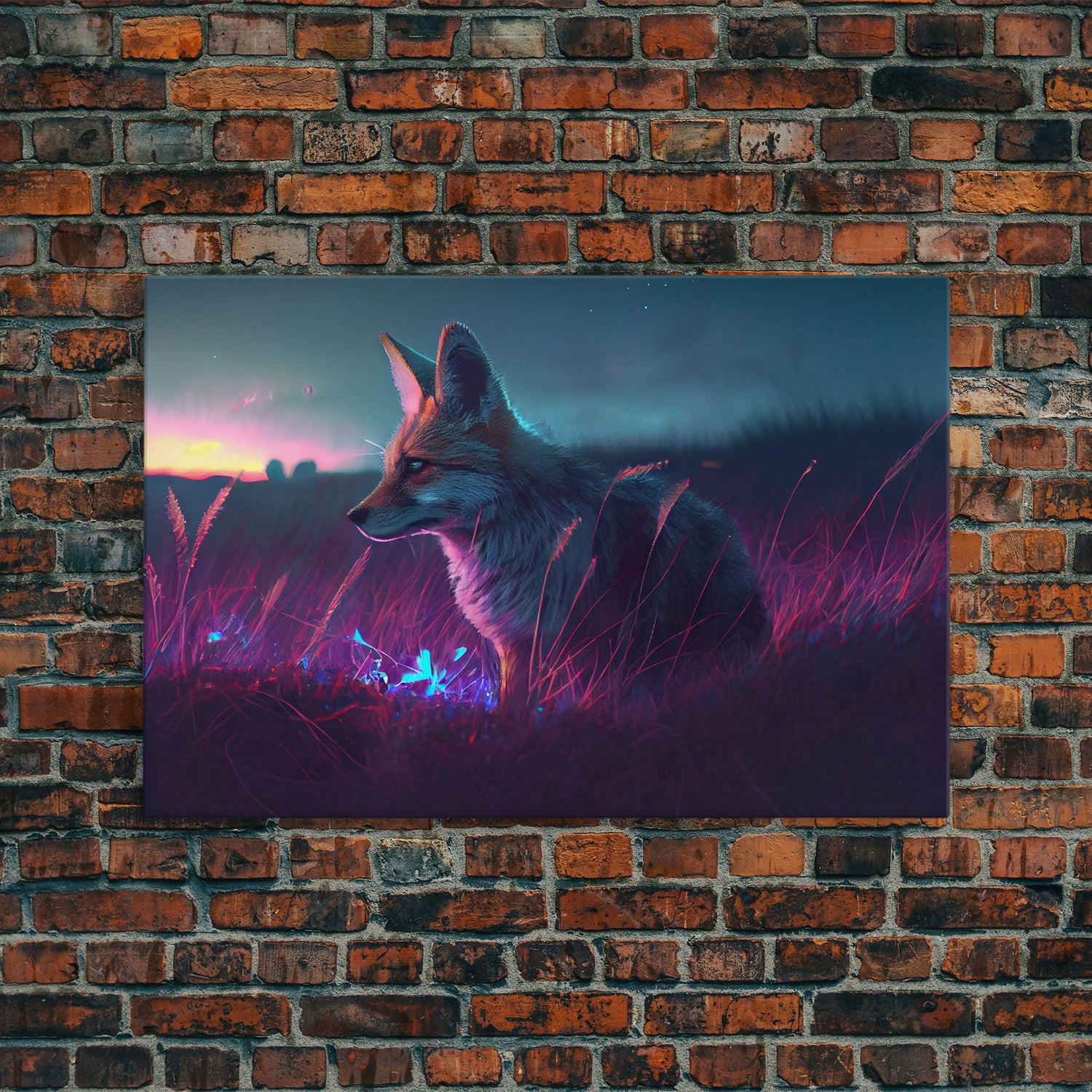 Cute animal prints, vaporwave fox hunting in the tall grass, framed canvas print