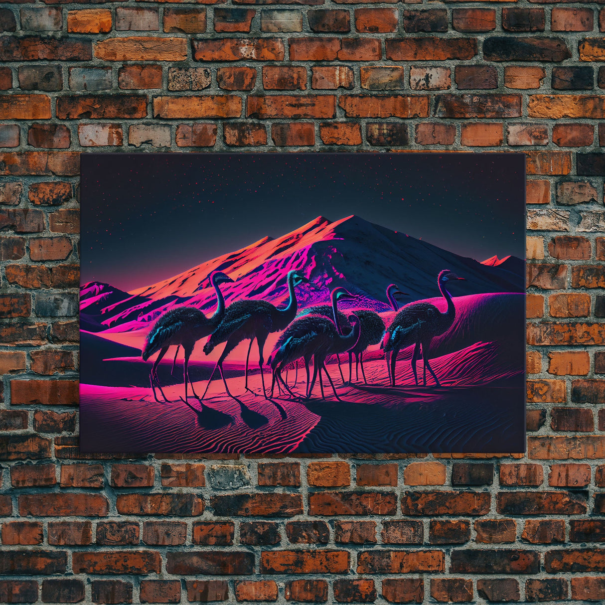 Emus in the desert, animal prints, animal art, framed canvas print, vapor wave synthwave animal art