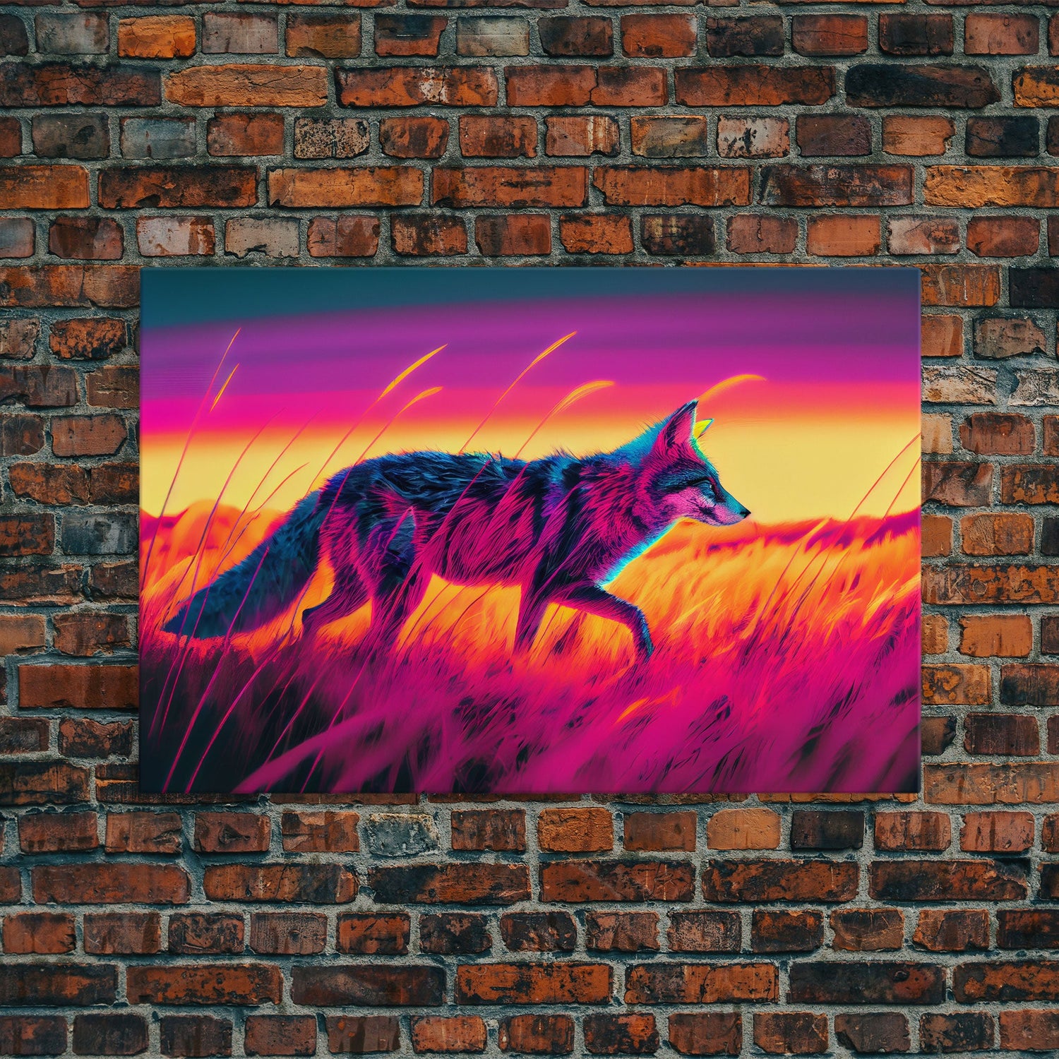 Cute fox in the tall grass, animal print, vaporwave framed canvas print, retrowave animal art