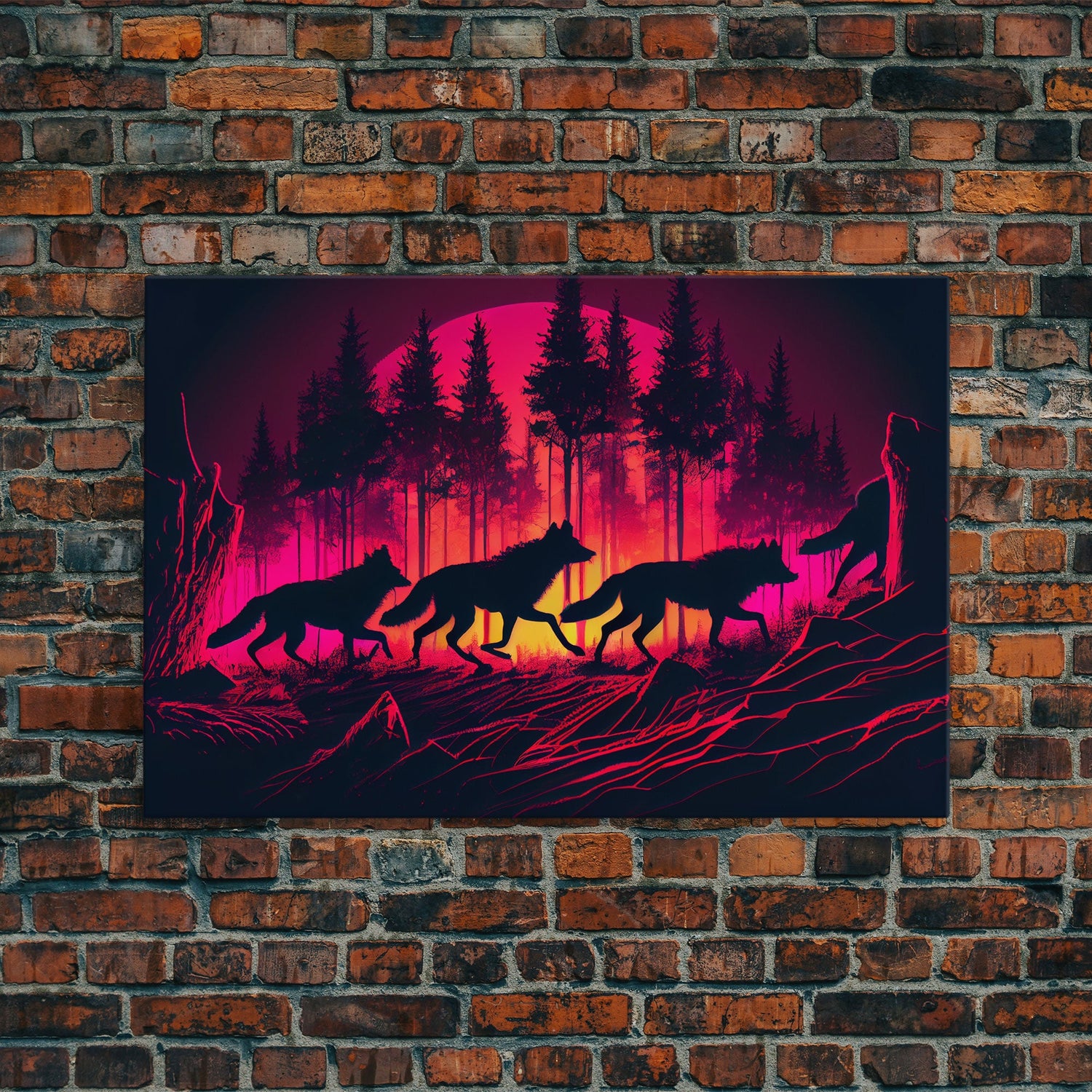 Wolf Pack on the hunt at sunset, synthwave animal art, framed canvas print
