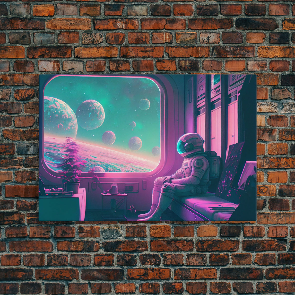 Vaporwave Aesthetic Scifi Art, In Transit, Astronaut riding the space train, framed canvas print