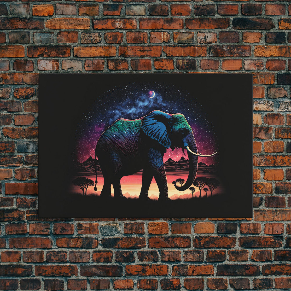Elephant Art | Framed Canvas Print | Framed Wall Art | Animal Prints | Wildlife Art | Elephant Walks Under A Full Moon | Kid's Room Decor
