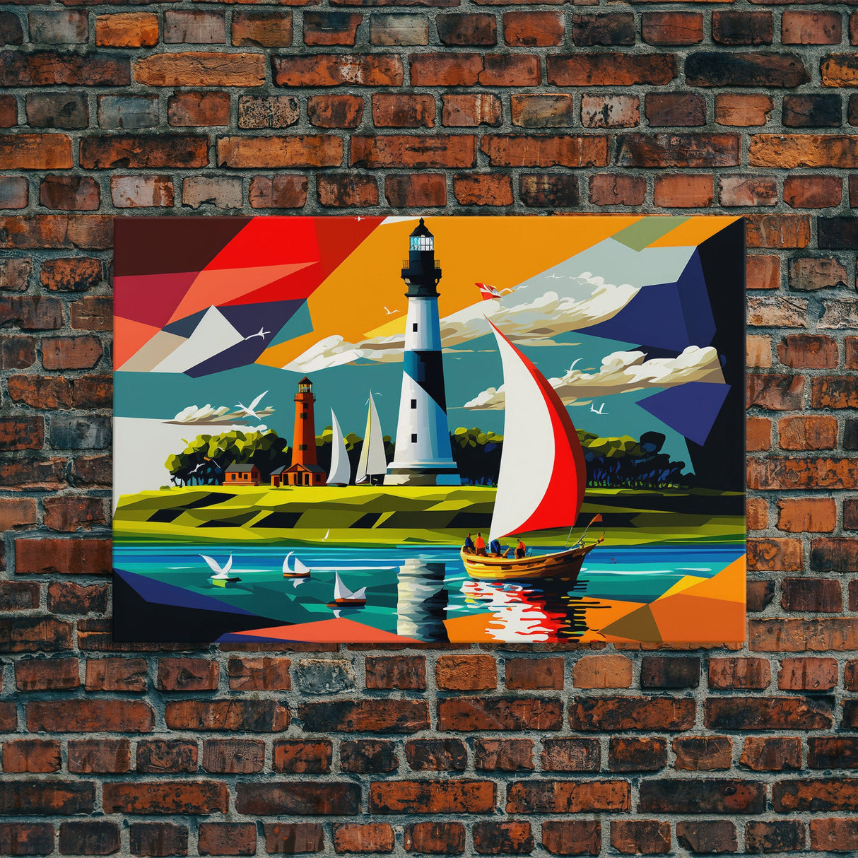 Sailboat and Lighthouse | Pop Art Style Painting Print | Framed Canvas Print | Colorful Minimalist Art | Nautical Art