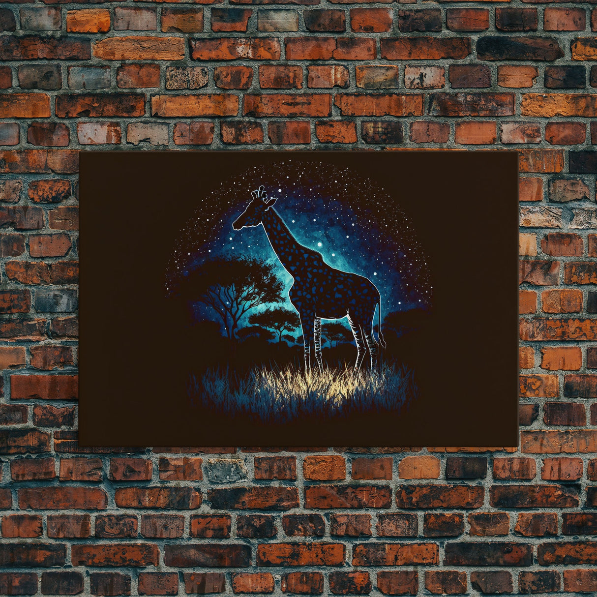 Starry Night over Africa, Giraffe Print, Framed Canvas Art, Galaxy Night Sky, Mancave decor