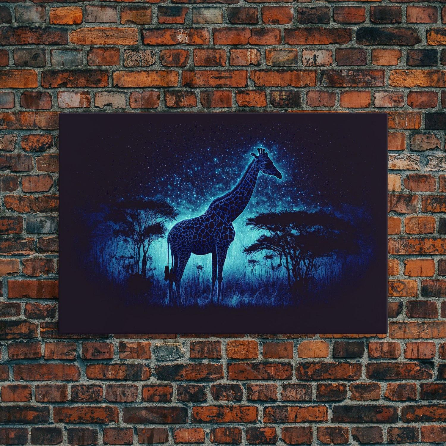 Surreal Giraffe Art, Wildlife Print, Animal Prints, framed canvas print, framed wall art, colorful turquoise night sky