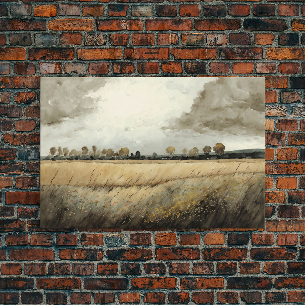 Moody Country Landscape Canvas Print Painting | Vintage Wall Art | Subdued Wall Art | Framed Canvas | Muted Monochromatic Landscape Art