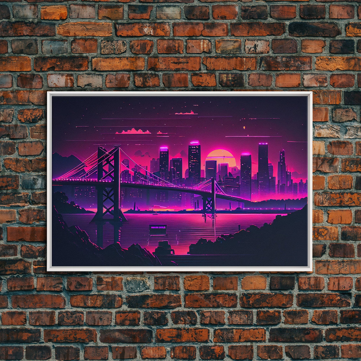 Cyberpunk San Francisco, Futuristic city skyline art, framed canvas print, Synthwave / vaporwave cityscape decor