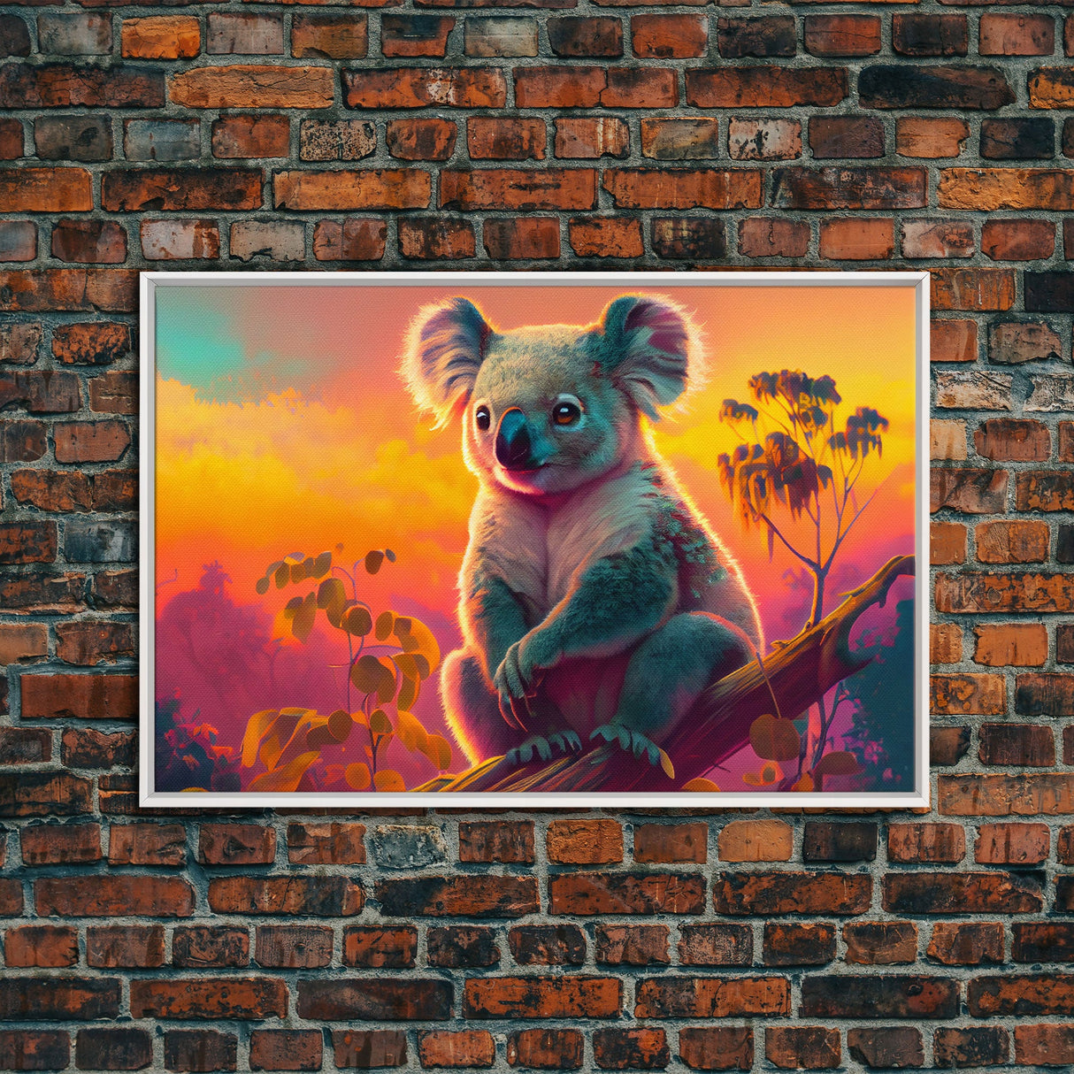 Cute Koala bear at sunset, vaporwave animal art, framed canvas print, framed wall art, ready to hang, synthwave art