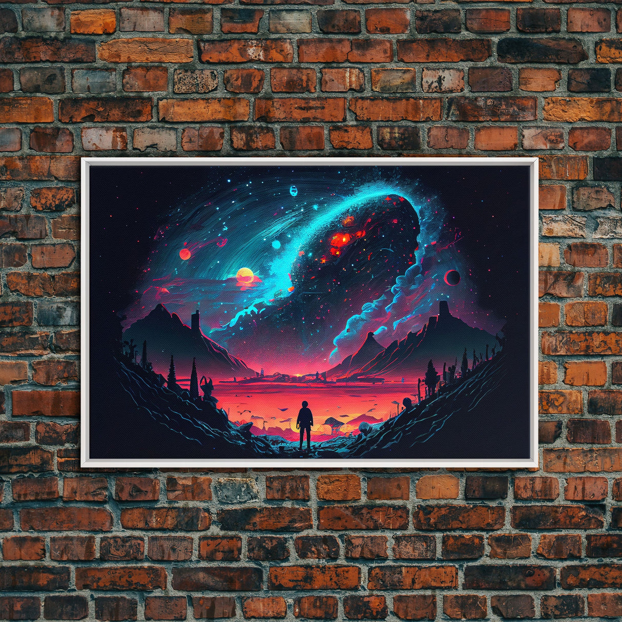 Strange new worlds among the stars, scifi retrowave art, framed canvas print, unique wall art