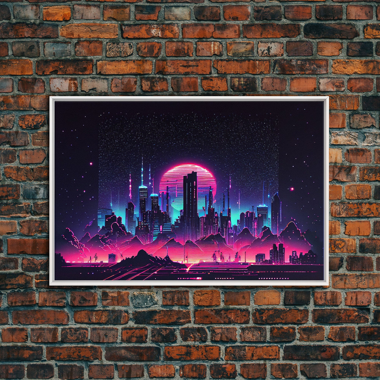Cyberpunk city skyline superimposed over a sunset, synthwave style dystopian art, framed canvas print