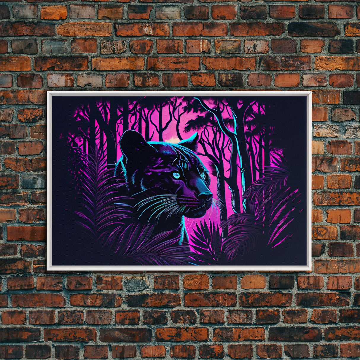 Vaporwave art, framed canvas print, Jungle Panther synthwave portrait