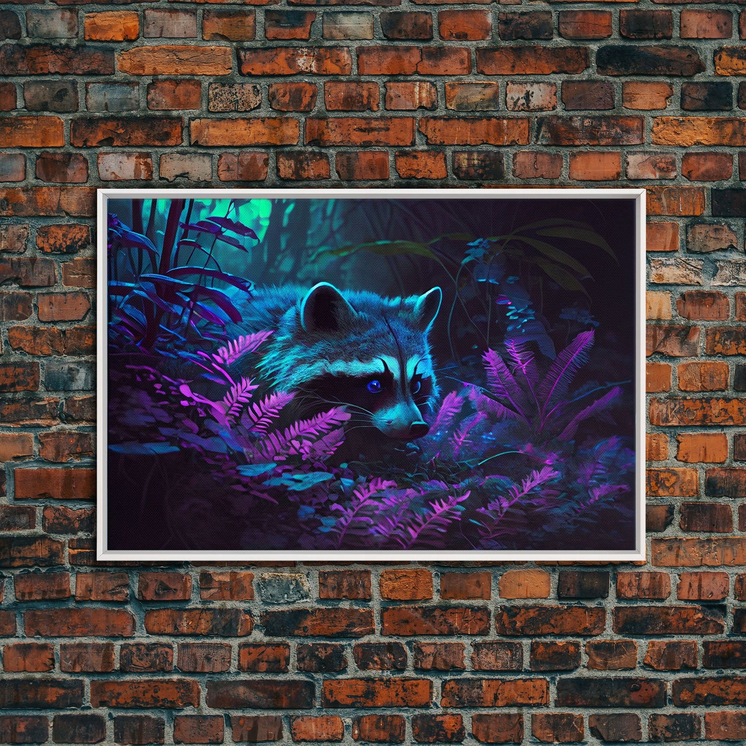 Trash panda art, Racoon in the jungle, vaporwave aesthetic animal art, framed canvas print