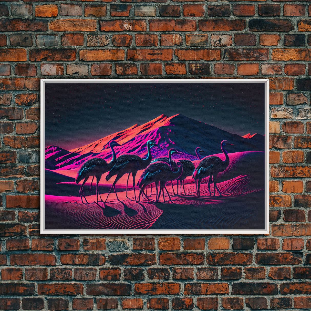 Emus in the desert, animal prints, animal art, framed canvas print, vapor wave synthwave animal art