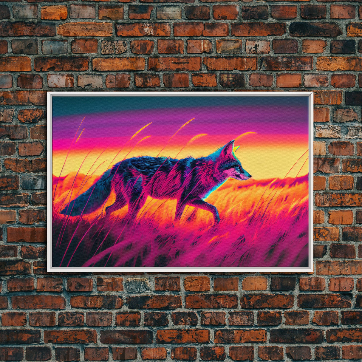 Cute fox in the tall grass, animal print, vaporwave framed canvas print, retrowave animal art