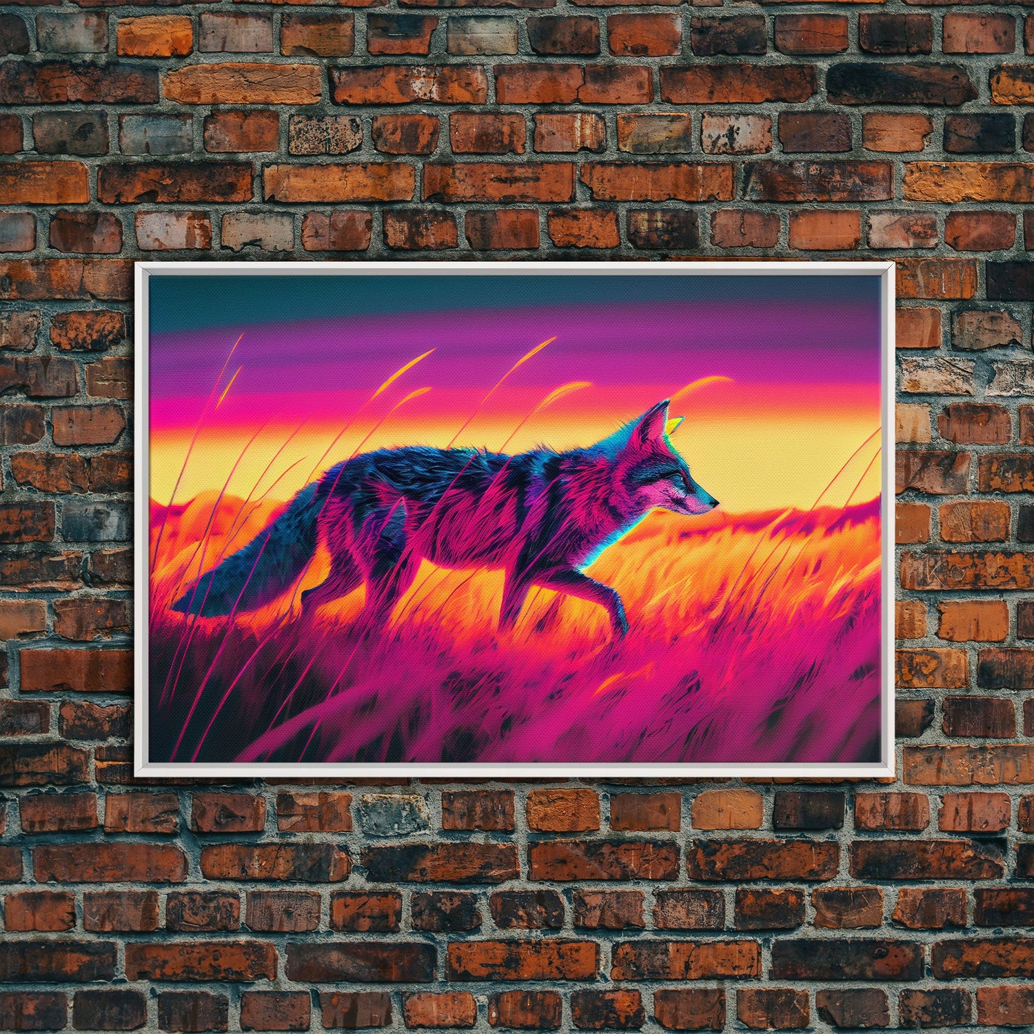 Cute fox in the tall grass, animal print, vaporwave framed canvas print, retrowave animal art