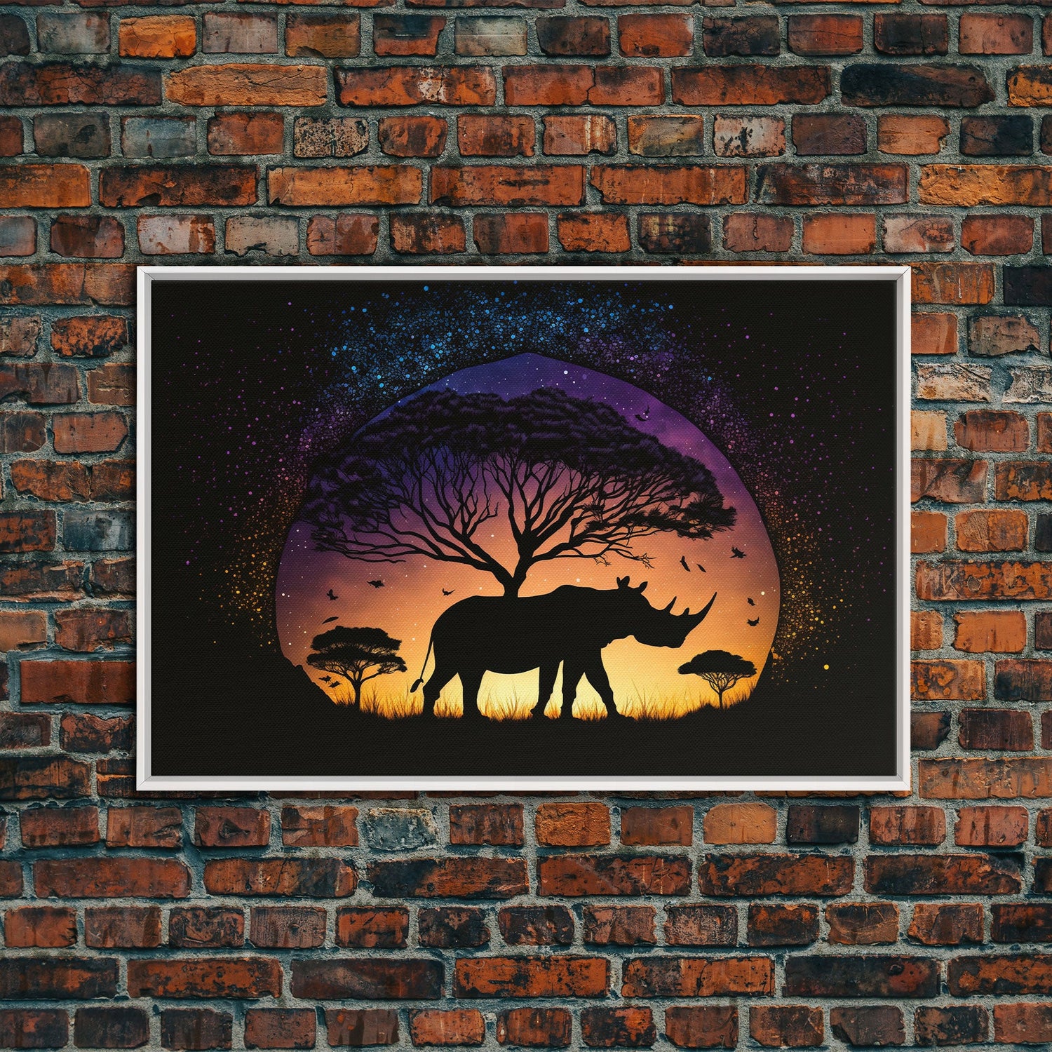 Rhino Silhouette against a starry night sky, wildlife art, animal prints, framed canvas print