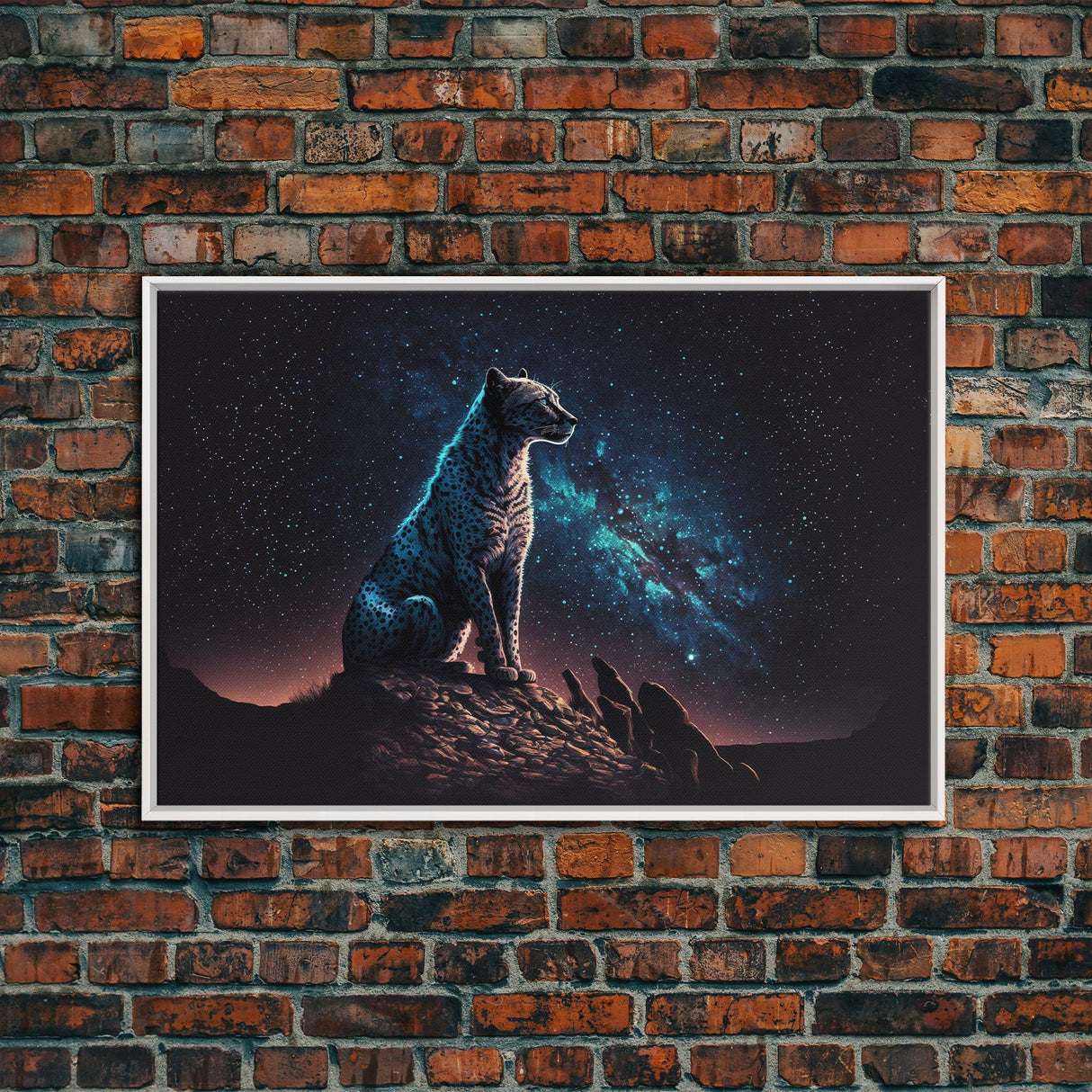 Cheetah Print, Synthwave Animal Prints, Cheetah and a starry night sky, framed canvas print, cute animal art