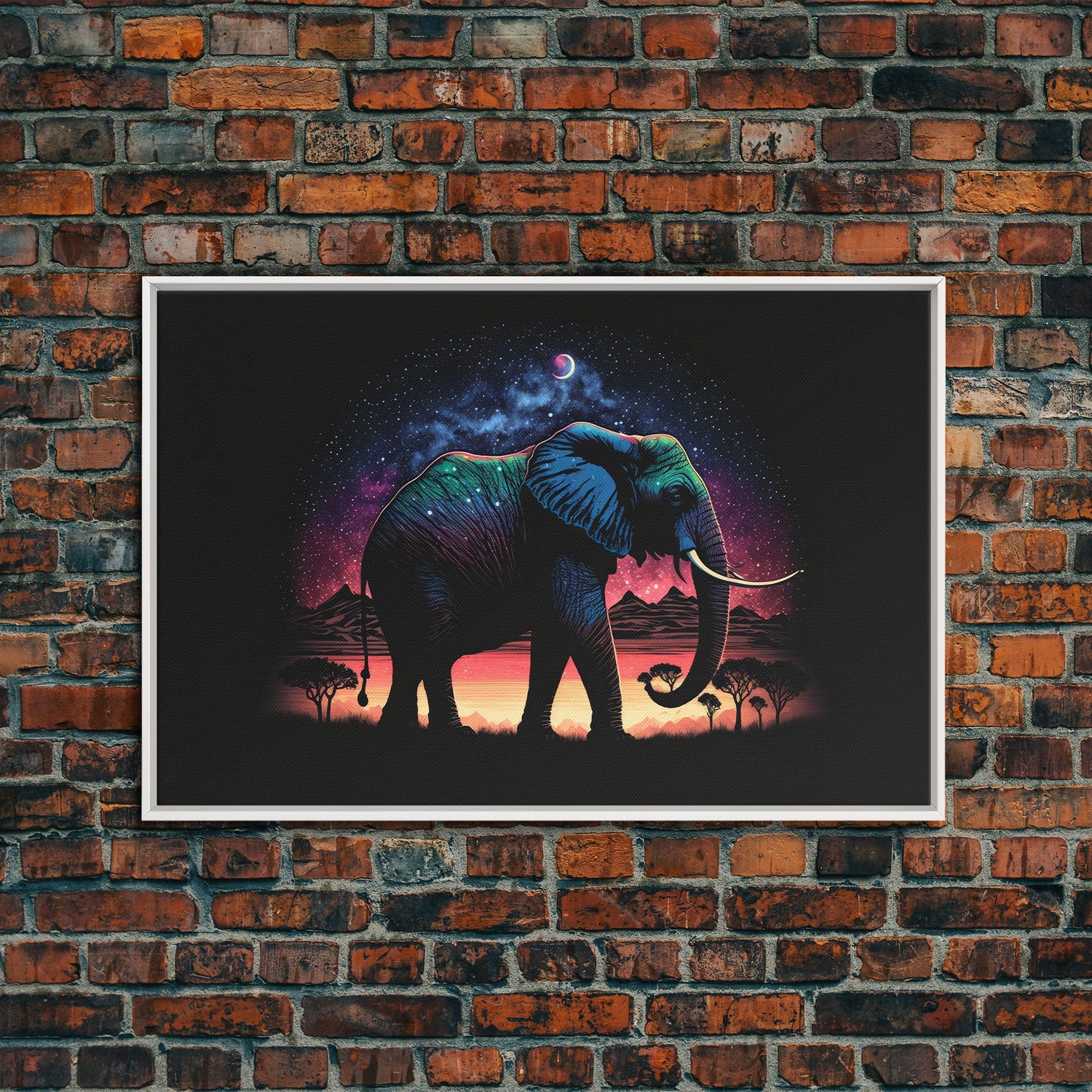 Elephant Art | Framed Canvas Print | Framed Wall Art | Animal Prints | Wildlife Art | Elephant Walks Under A Full Moon | Kid's Room Decor