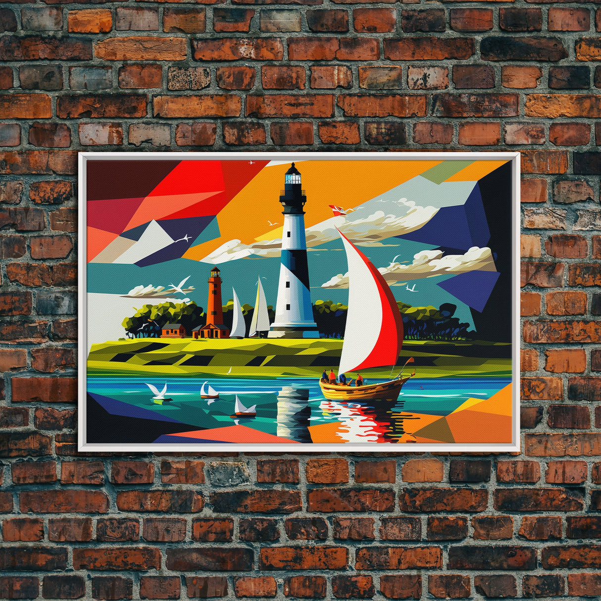 Sailboat and Lighthouse | Pop Art Style Painting Print | Framed Canvas Print | Colorful Minimalist Art | Nautical Art