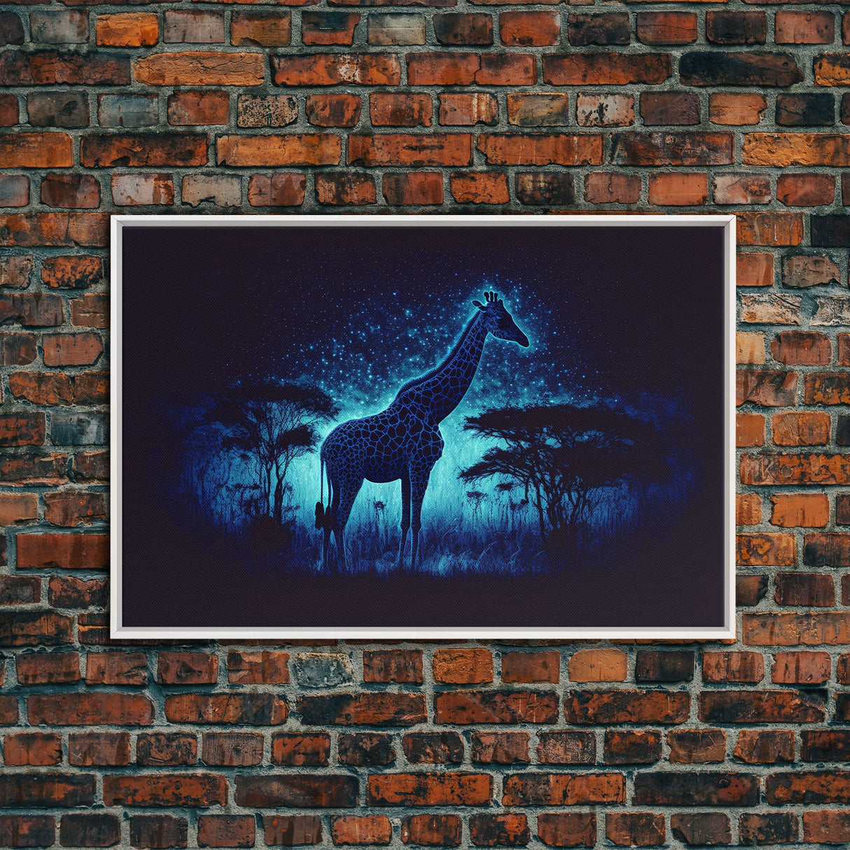 Surreal Giraffe Art, Wildlife Print, Animal Prints, framed canvas print, framed wall art, colorful turquoise night sky