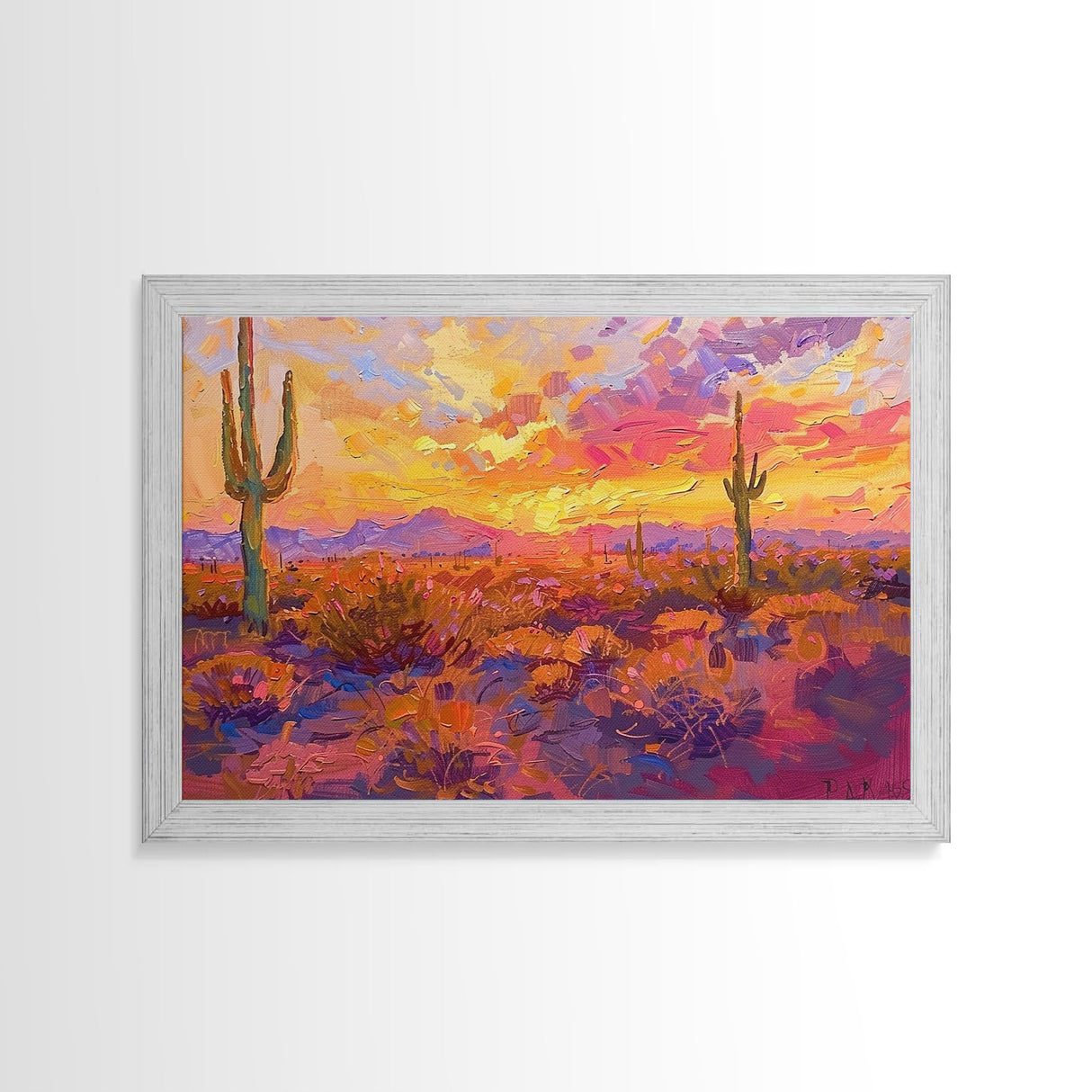 Desert Cactus Sunset Painting Framed Canvas Print, Western Decor, Southwest Wall Art, Arizona Painting, Landscape Painting, Farmhouse Decor