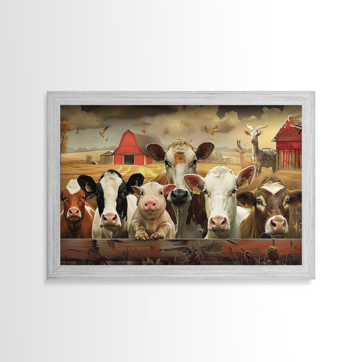 Farm Animals On The Fence, Framed Canvas Print, Cute Animal Decor, Bathroom Wall Art, Illustration, Home Decor