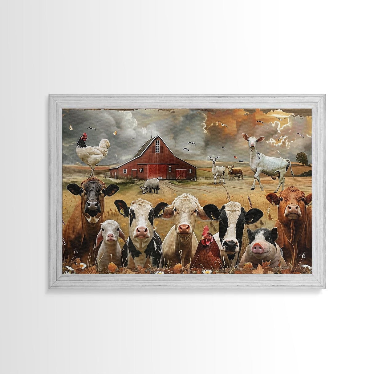 Kitsch Farmhouse Wall Art, Cute Farm Animals On A Fence, Cow Art, Pig Print, Red Barn Wall Art, Wood Framed Art