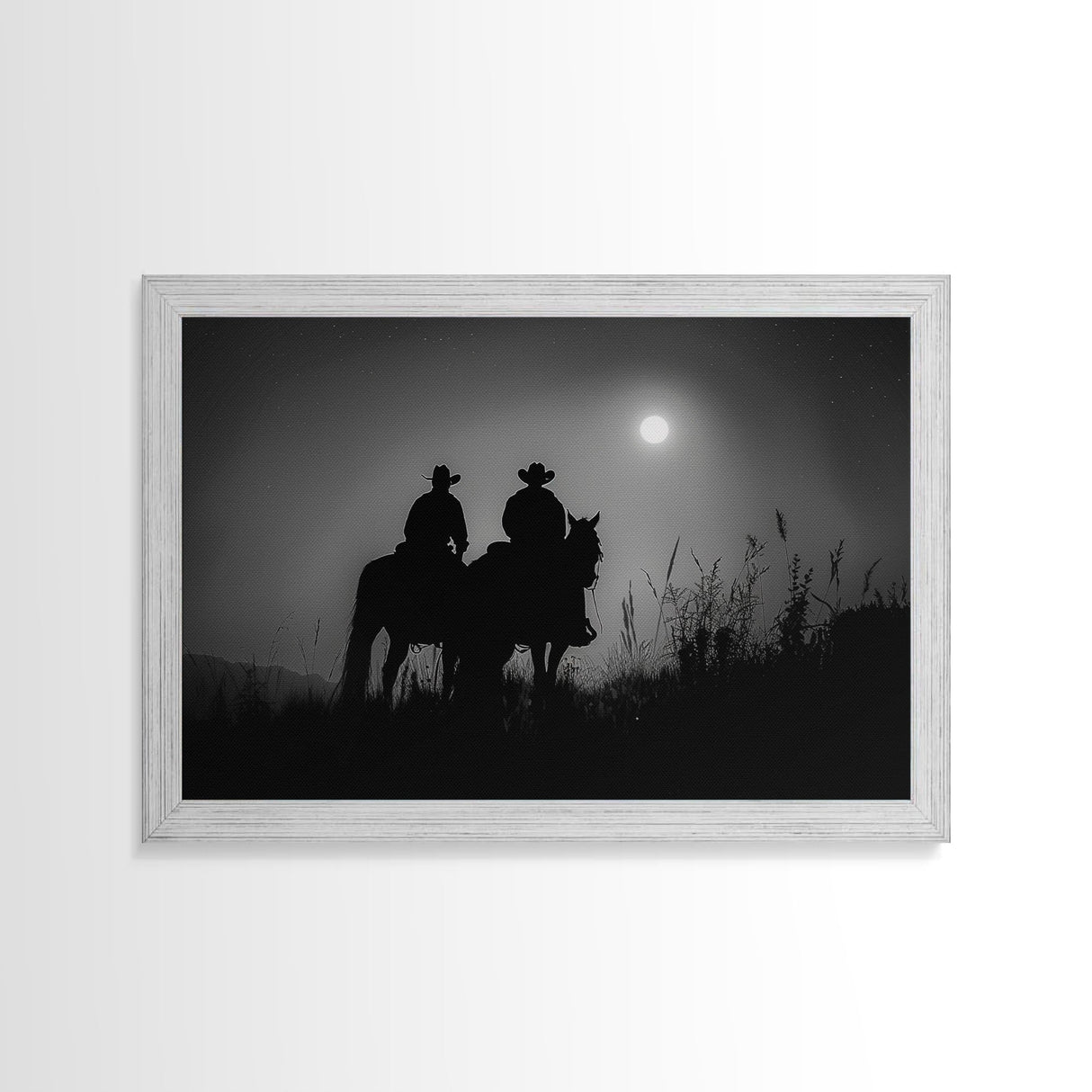 Cowboys Under A Full Moon, Framed Canvas Print, Black and White Western Photography, Wild West Art, Western Decor, Farmhouse Country Art