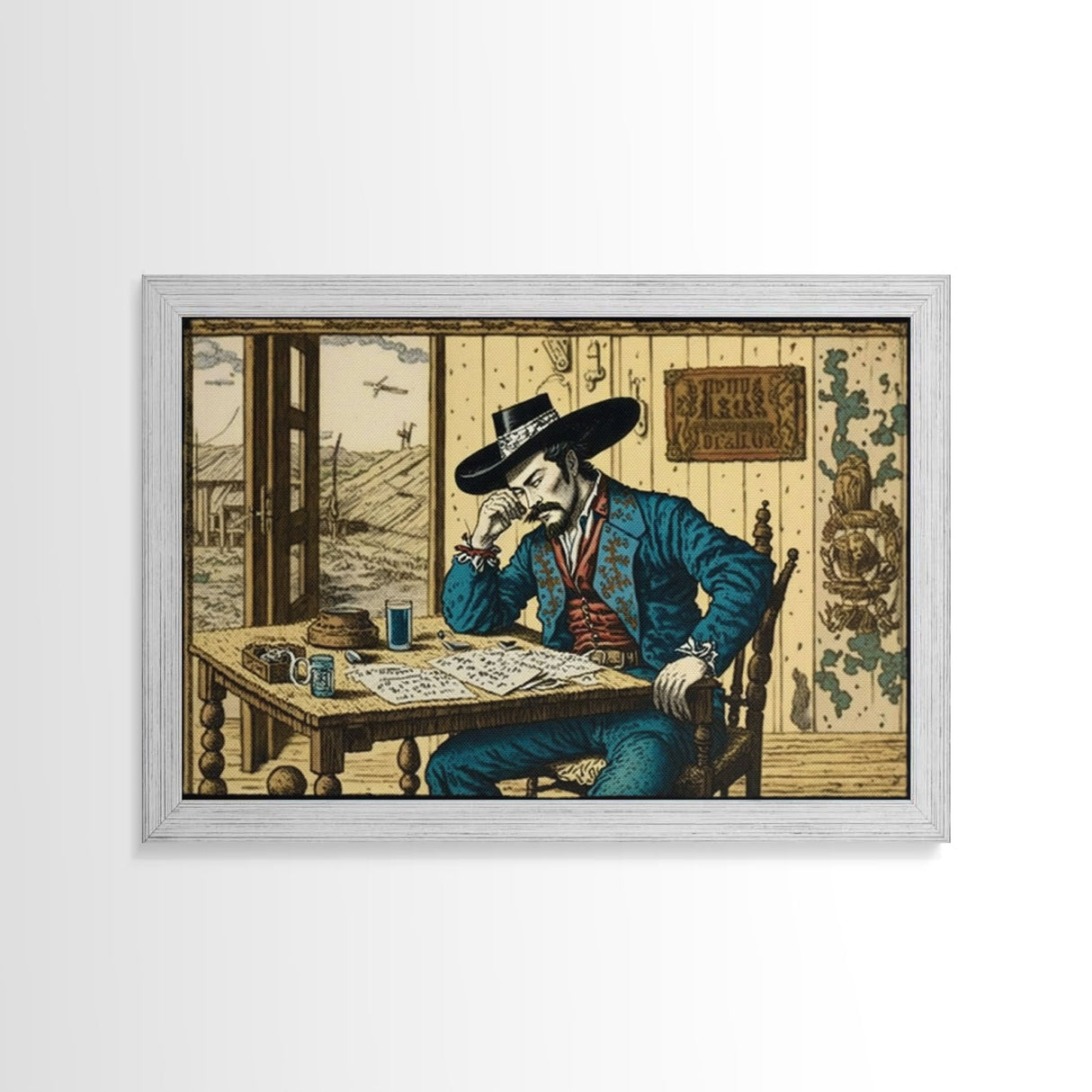 Japanese Cowboy, Wild West Samurai Mashup Art, Framed Canvas Print, Wild Western Decor, Home Art, Living Room Decor