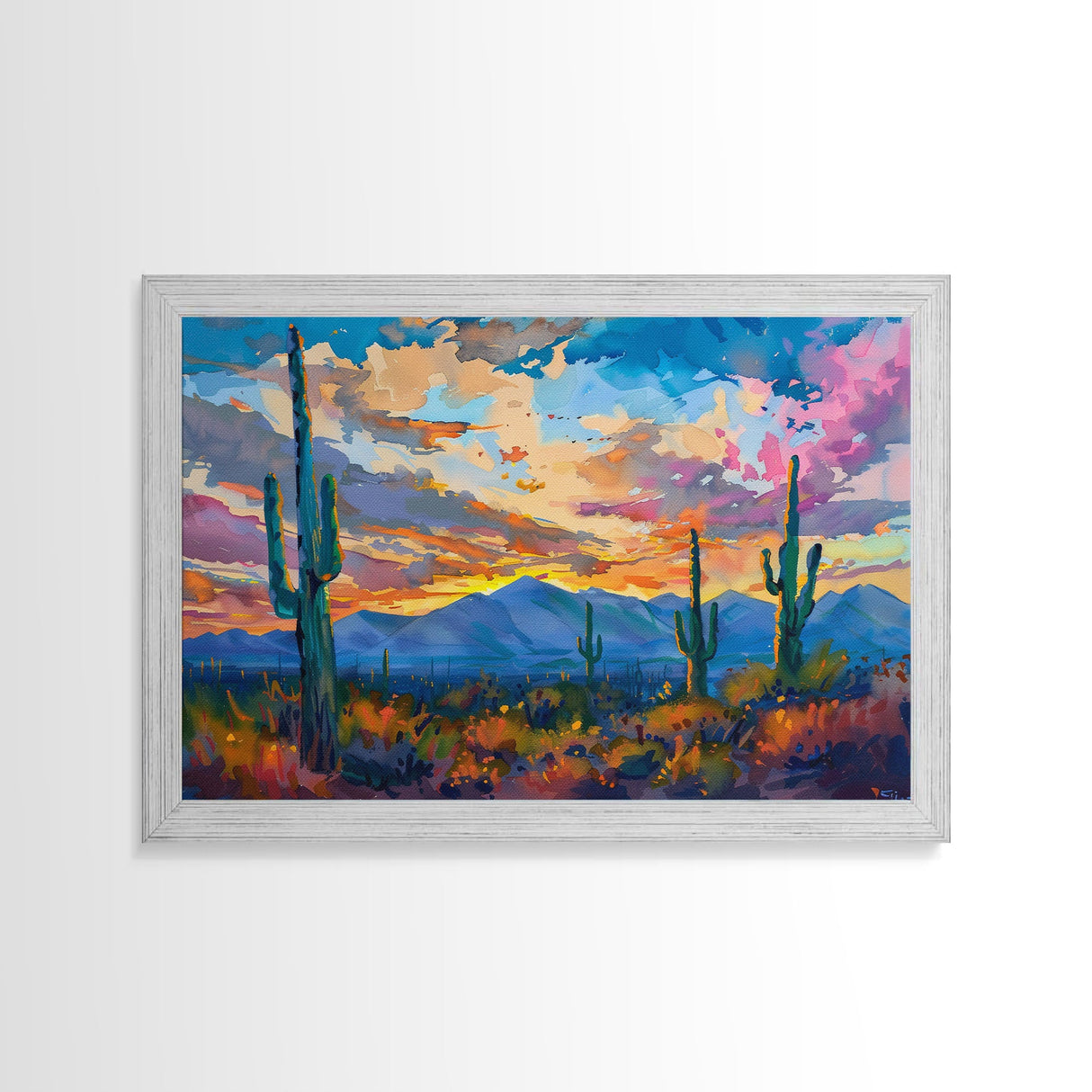 Cactus Under A Beautiful Sunset, Pop Art Style, Mid Century Modern Framed Canvas Print or Metal Art, Desert Scene Wall Art, Abstract Desert