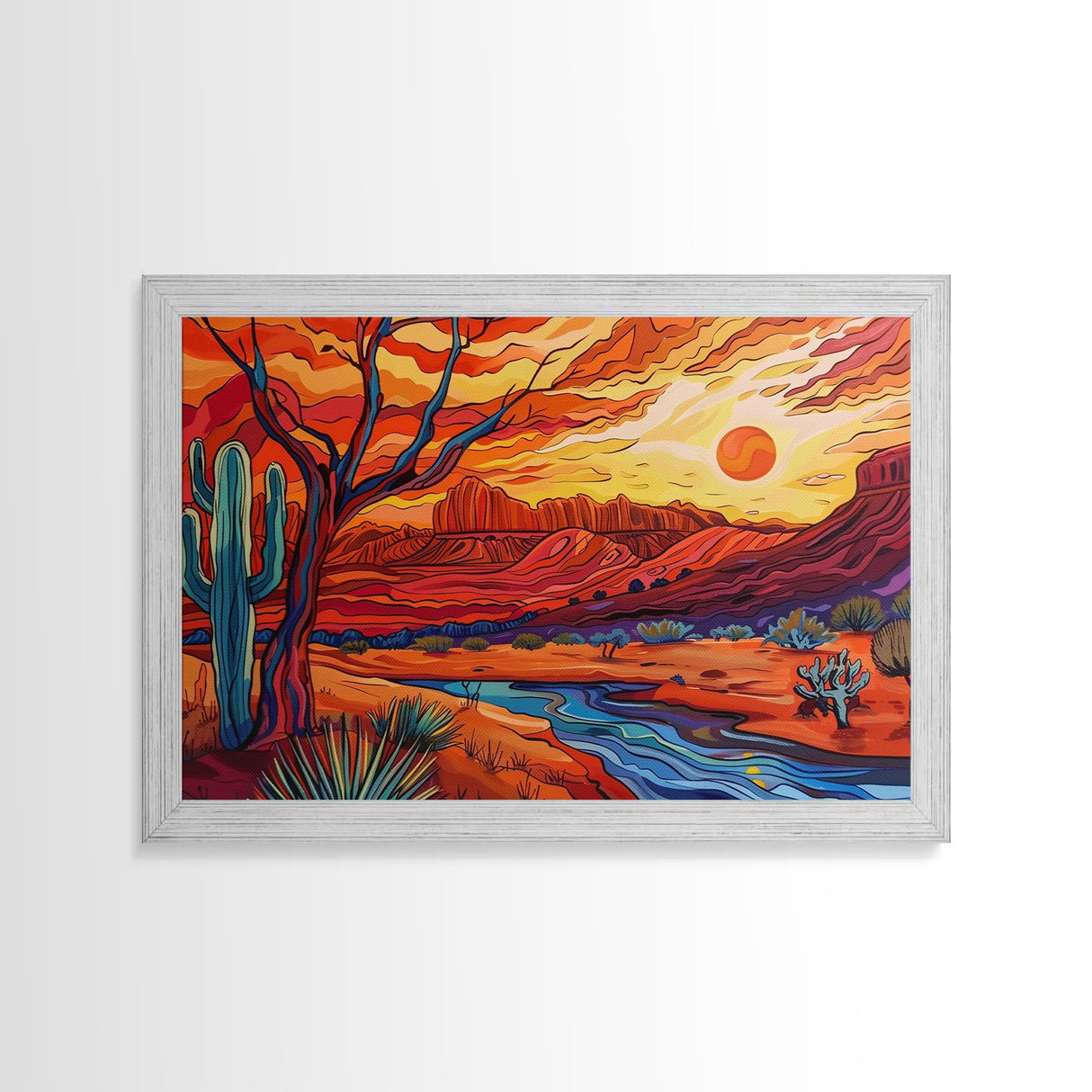 Midcentury Modern Pop Art Desert Landscape Painting Canvas Print, Framed Wall Art, Southwestern Decor, Home Decor Wall Art, Country Decor