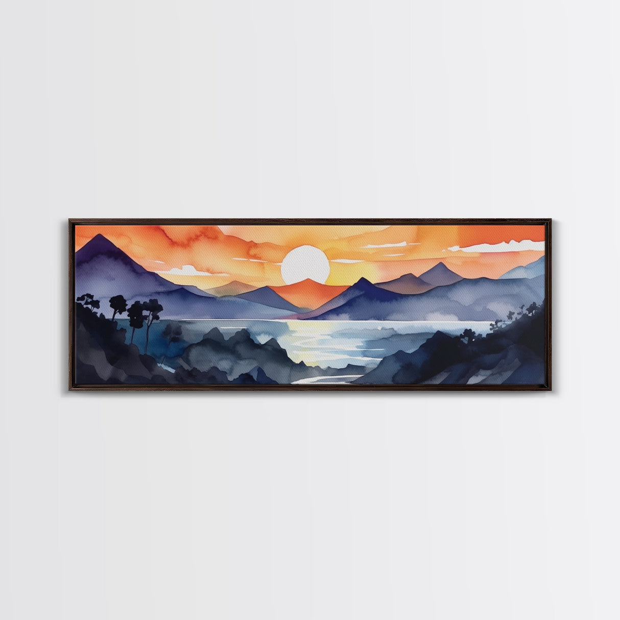 Midcentury Modern Watercolor Painting of a Mountain Sunset, Large Canvas Print, Mountain Artwork, Guest Room Art, Mountain Print, Panoramic