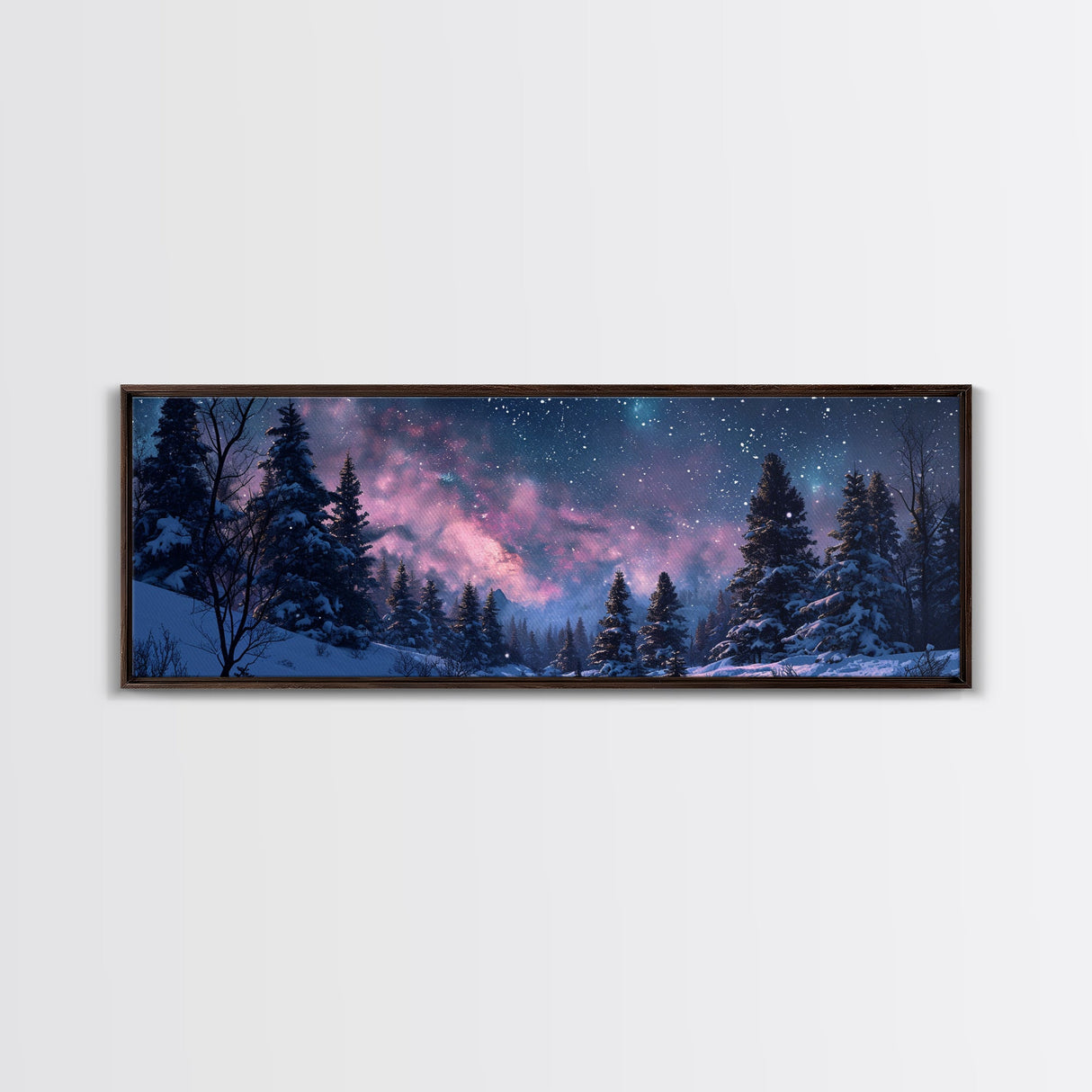 Starry Night Northern Lights, Framed Canvas Print, Beautiful Night Sky Over A Snow Capped Forest, Winter Landscape Painting, Purple Skies