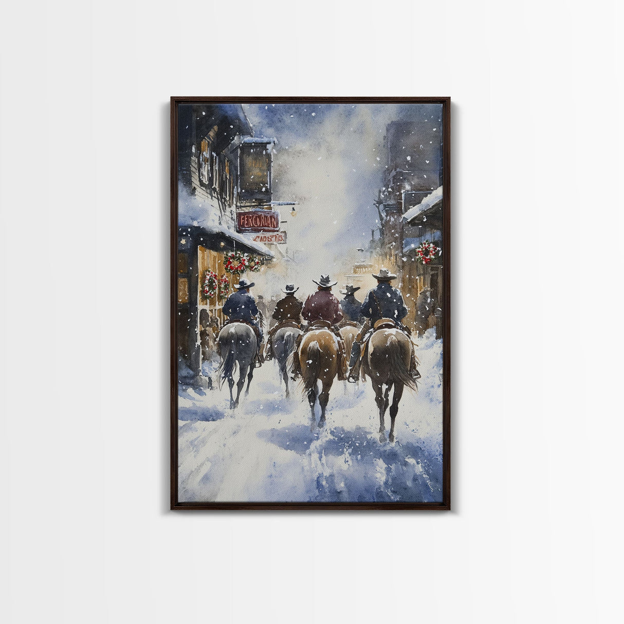 Cowboys Riding Into Town On Christmas, Western Christmas Decor, Framed Canvas Print, Christmas Outdoor Decor, Christmas poster