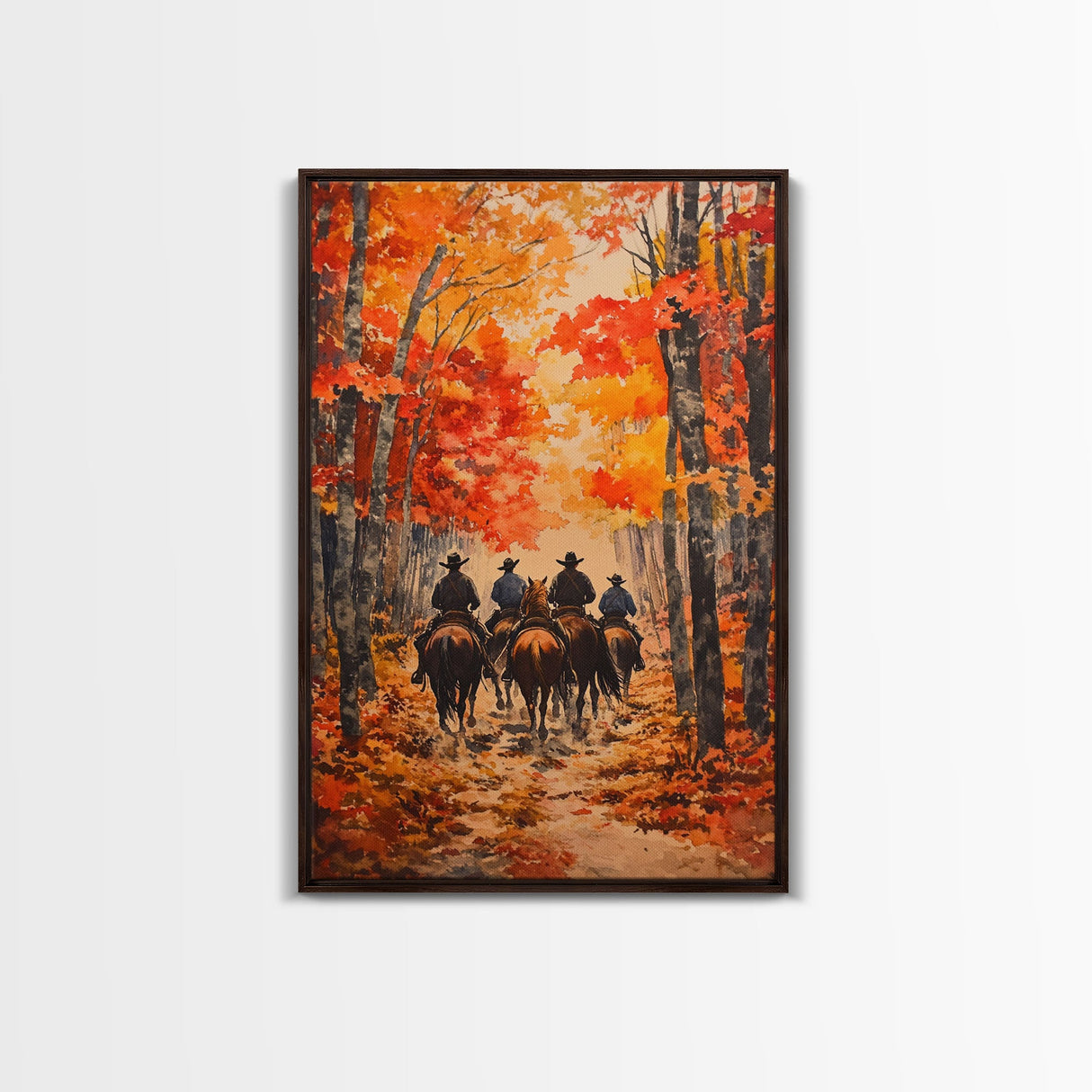 Cowboys Riding Into Town On Thanksgiving, Western Fall Decor, Framed Canvas Print, Autumn Outdoor Decor, Christmas poster