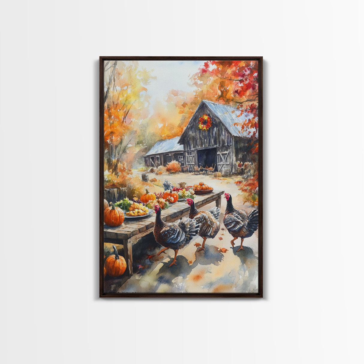 Painting Of A Barn In The Fall, Framed Canvas Print, Thanksgiving Decor, Turkey Painting, Turkey Art
