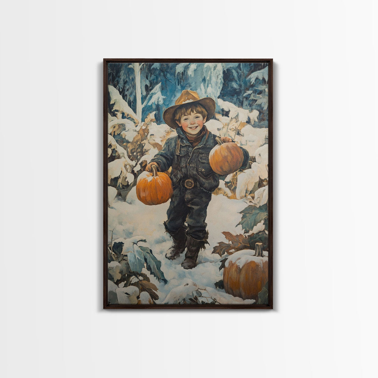 Cowboy Christmas Decor Framed Canvas Print with Pumpkin in Snow, Rustic Holiday Home Wall Art and Seasonal Gift Idea 2024