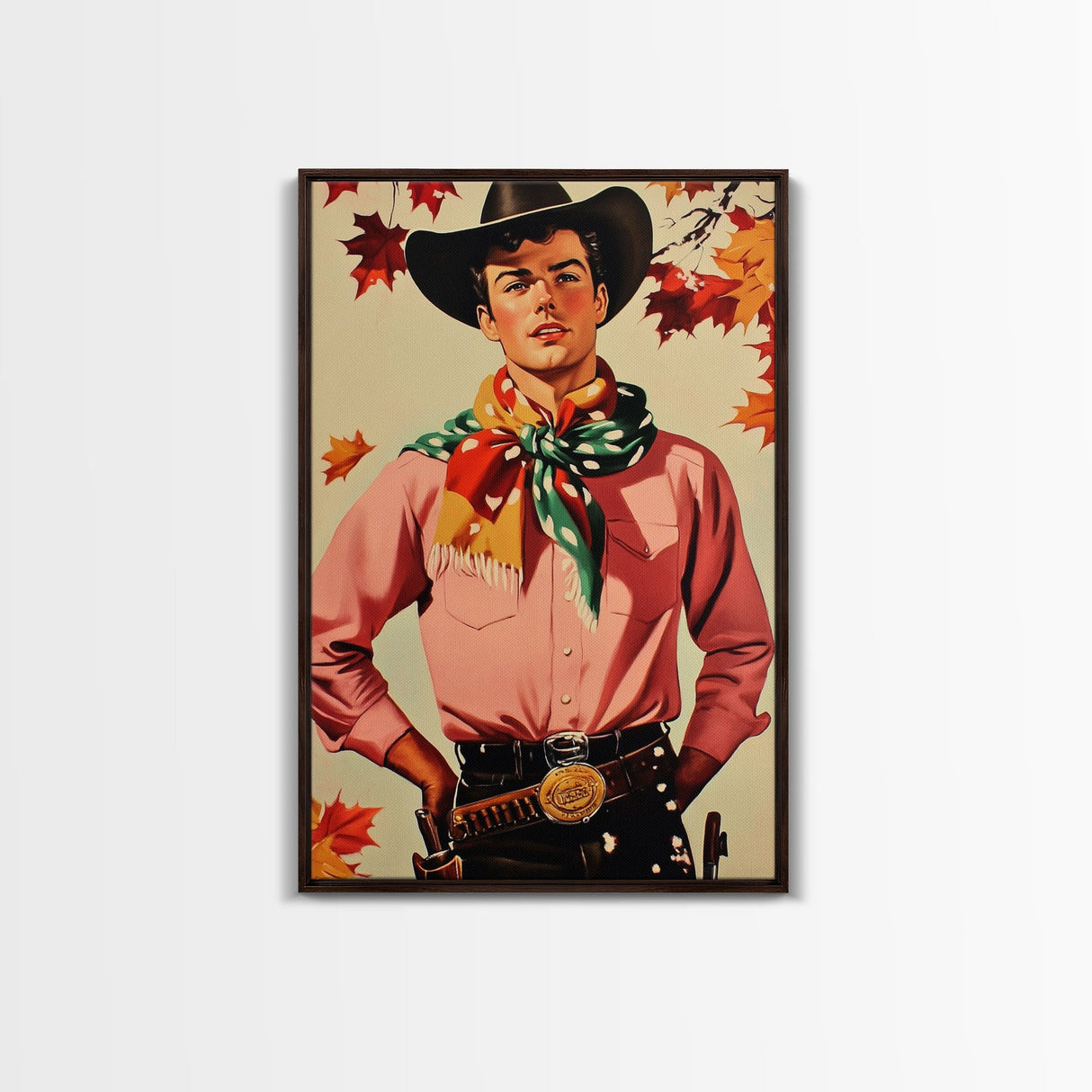 Cowboy Christmas Wall Art Canvas Print with Autumn Leaves, Seasonal Holiday Decor and Gift Idea 2024