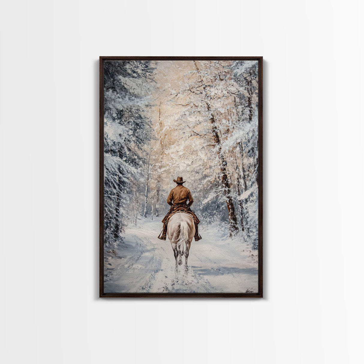 Cowboy by Window with Coffee Framed Canvas Print - Cozy Christmas Wall Art 2024 Rustic Holiday Decor and Gift Idea