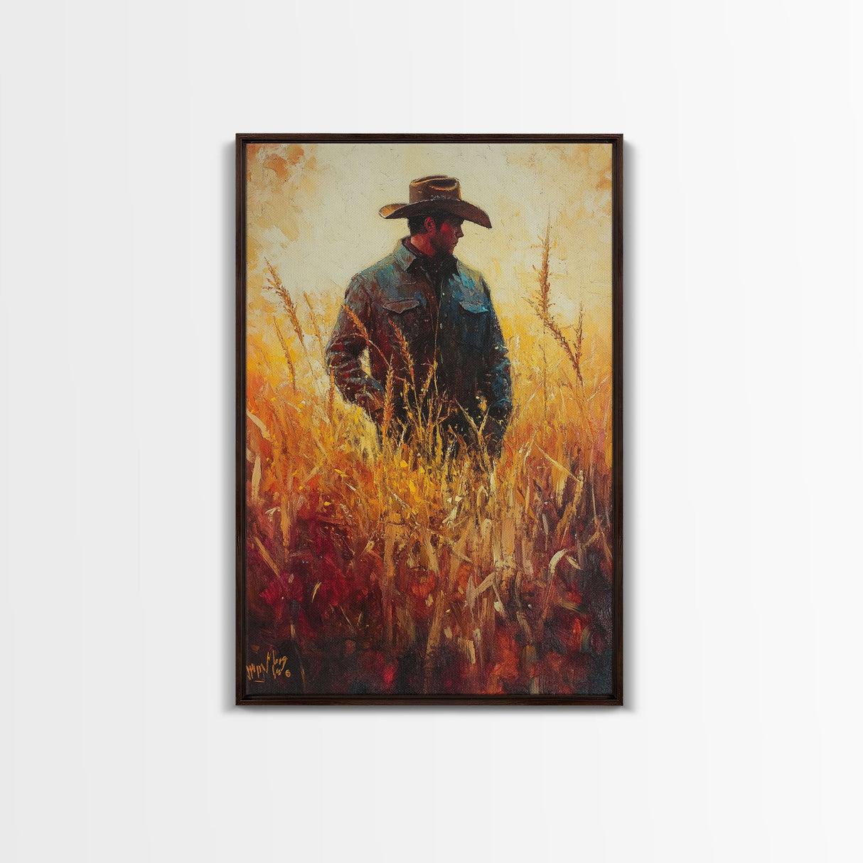 Cowboy in Golden Wheat Field Canvas Print, Western Landscape Art Gift, Seasonal Decor, Modern, Perfect Holiday Gift, Framed Canvas Print