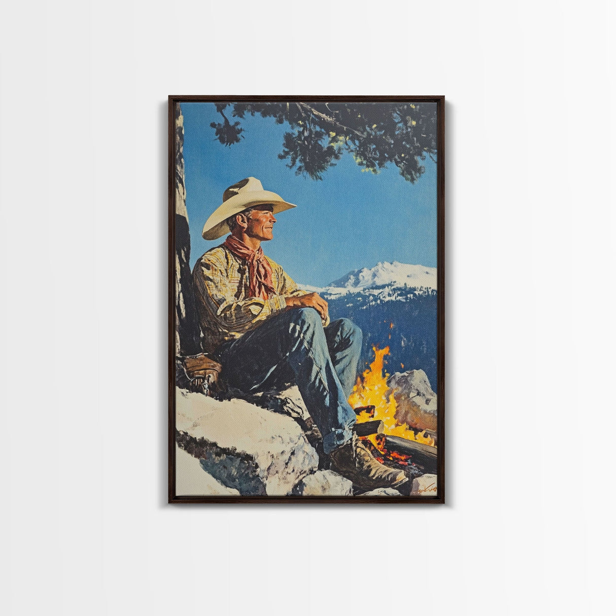 Cowboy Resting by the Fire Canvas Print, Winter Mountain Scene, Seasonal Wall Art, Rustic Western Decor, Holiday Gift, Framed Canvas Print