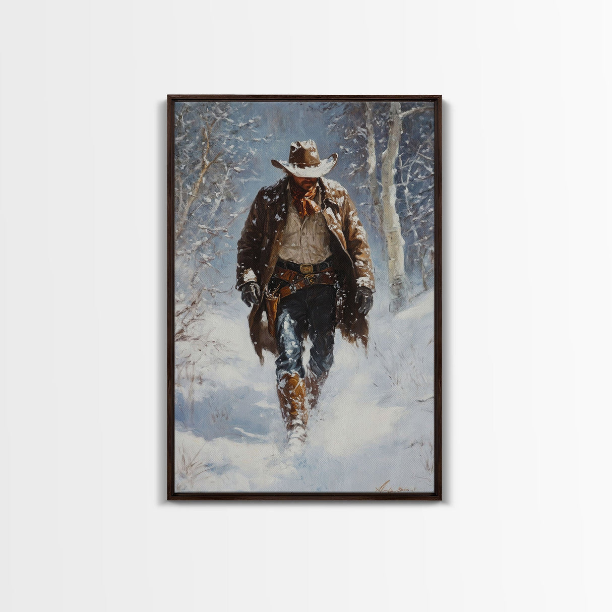 Cowboy Riding Horse in Snowy Forest Canvas Print, Winter Wall Art, Western, Rustic Christmas Wall Art, Seasonal Holiday Decor, Canvas Print