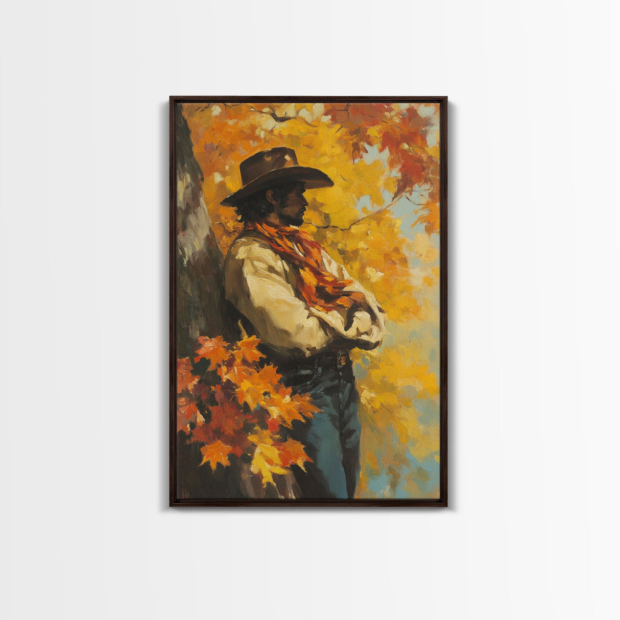 Cowboy Walking in Winter Forest at Sunset Canvas Print, Seasonal Western Wall Art, Rustic Christmas Wall Decor, Vibes, Framed Canvas Print
