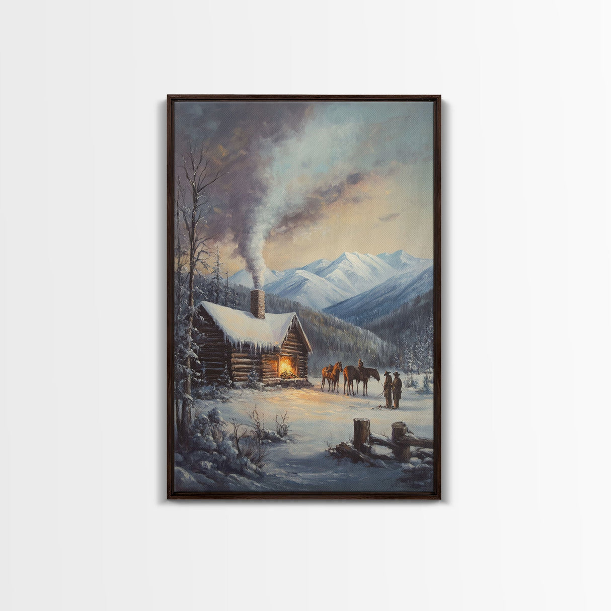 Mountain Cabin In Snow With Horses Framed Canvas Print Wall Art Rustic Winter Decor, Country Christmas Art, Winter Wonderland Scene