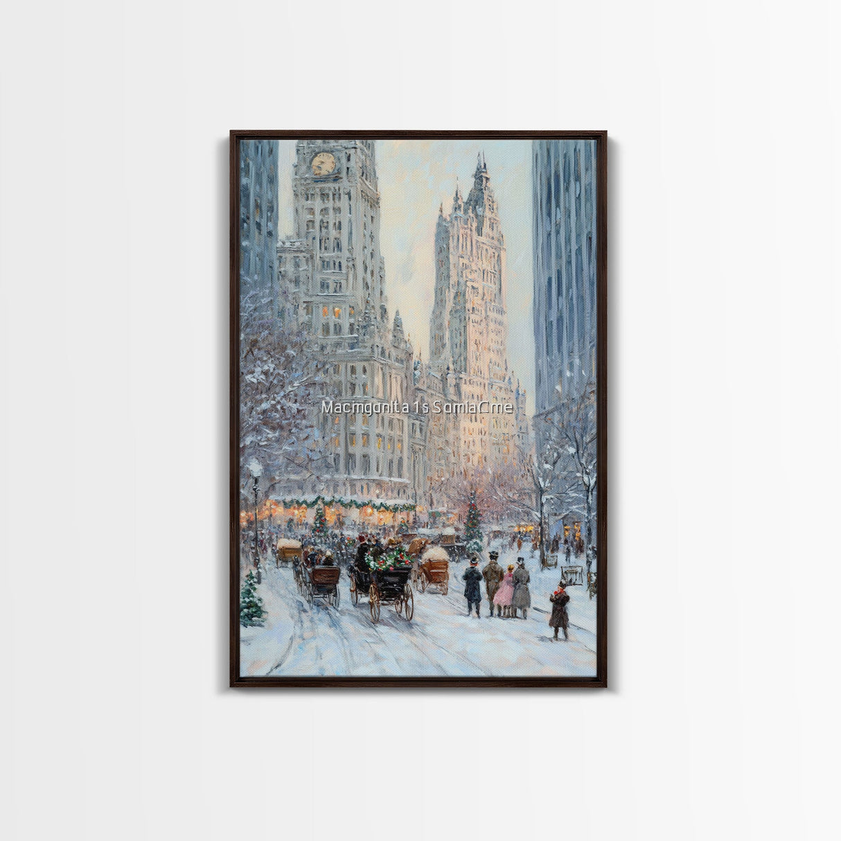 Historical City Winter Framed Canvas Print, Snowy Urban Landscape with Carriages and Victorian Architecture, Elegant Christmas Wall Art